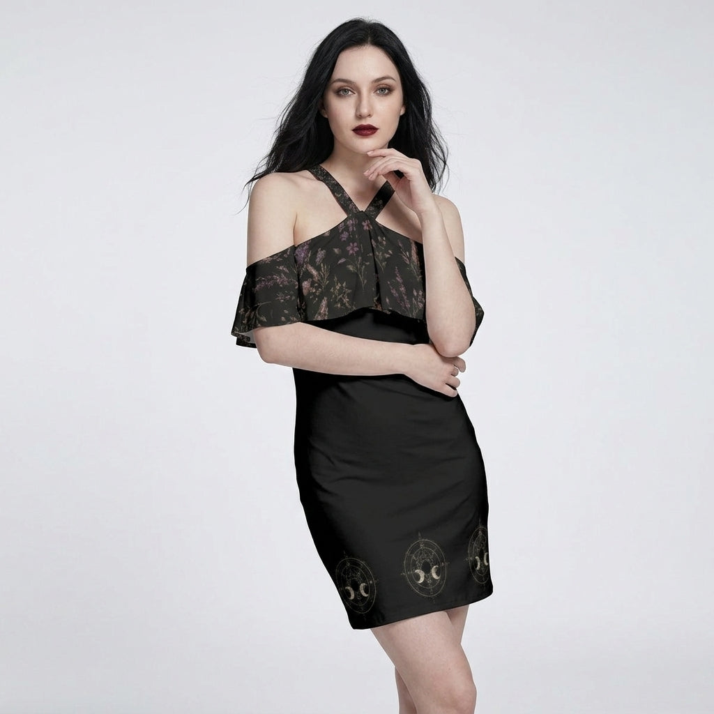 Whimsygoth Off-Shoulder Mini Dress | Wiccan Moon Garden