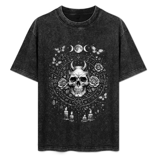 Gothic women's t-shirt with Witch Table Ritual print – print detail
