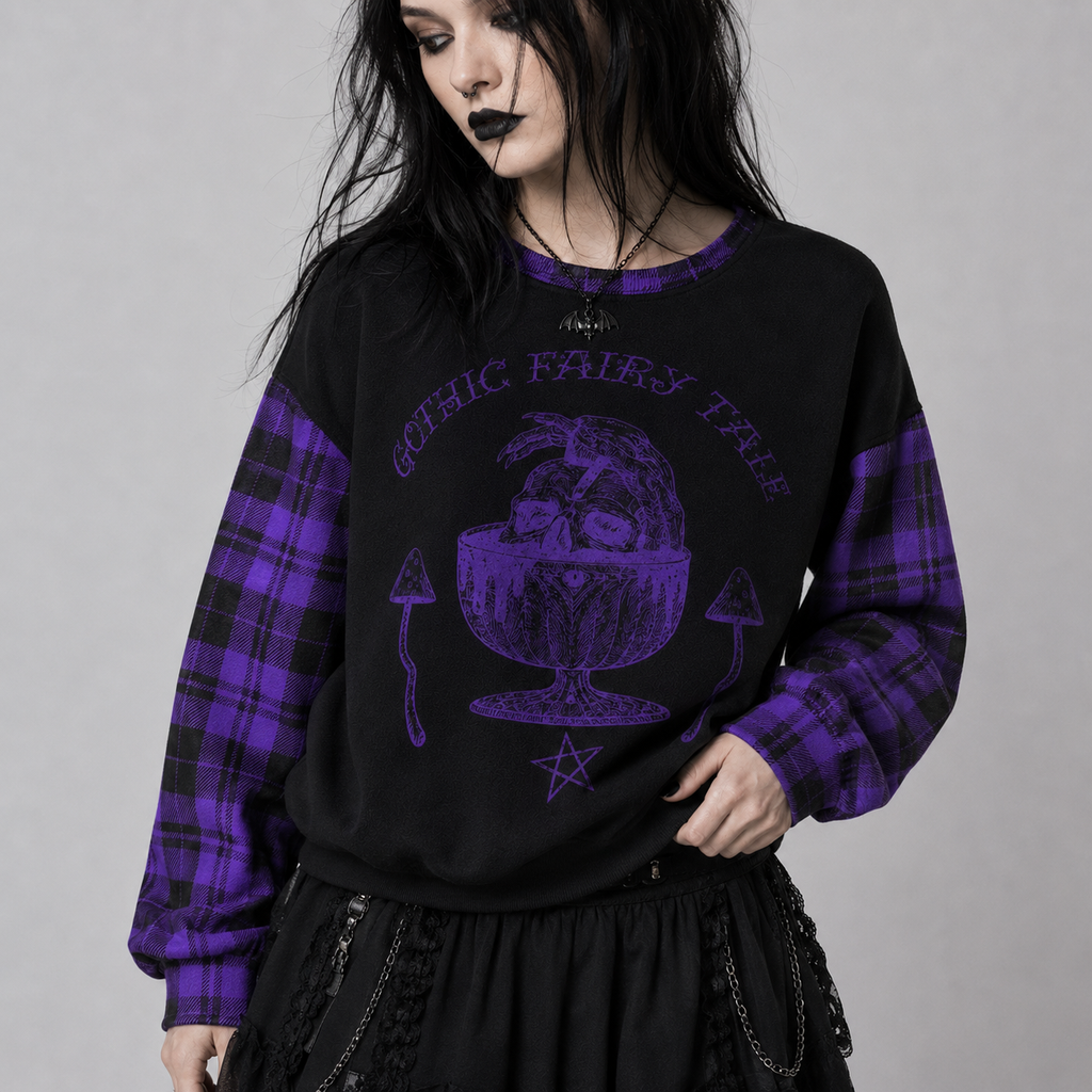 Gothic Witchcore Purple Tartan Sweater | Midnight Coven | 280 GSM