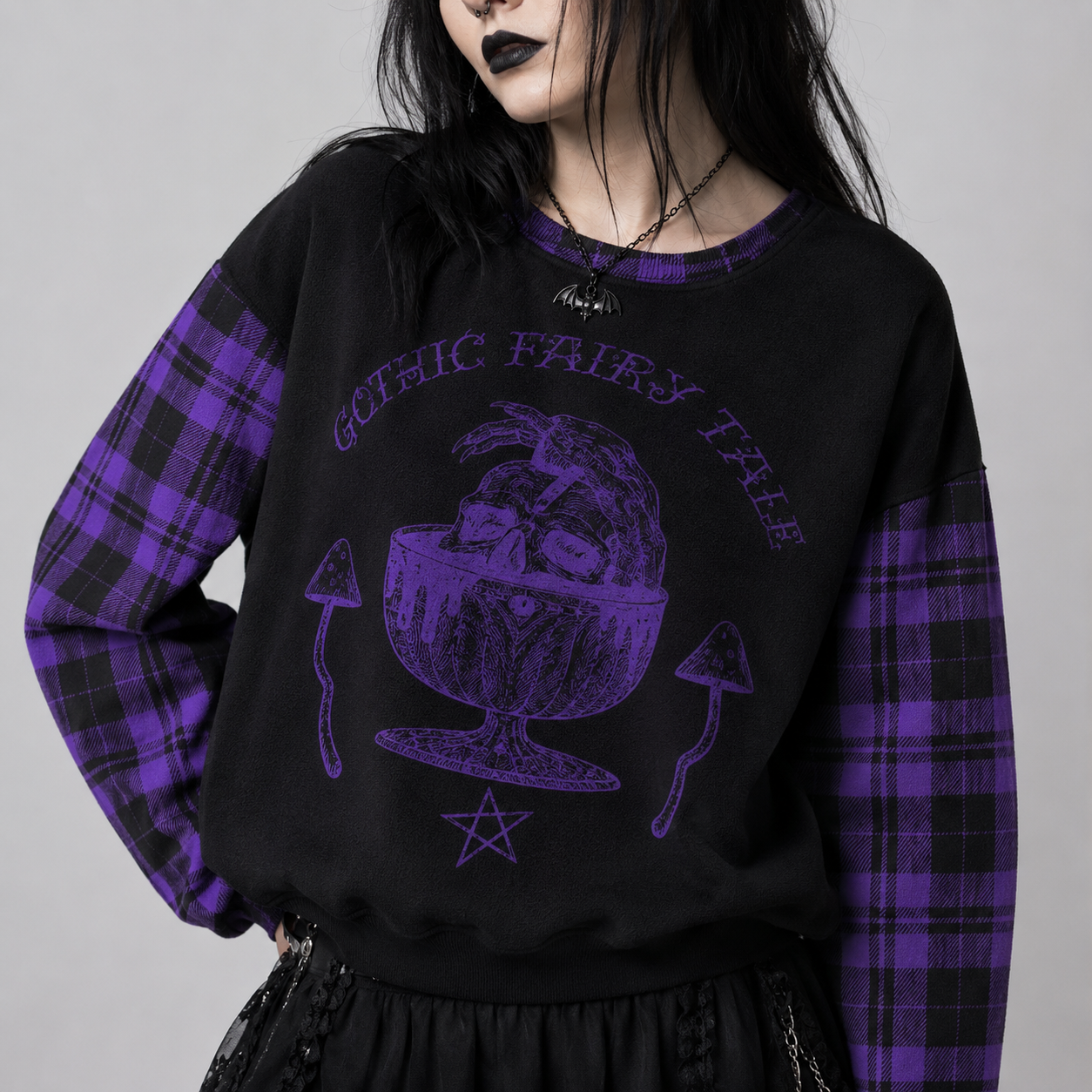 Gothic Witchcore Purple Tartan Sweater | Midnight Coven | 280 GSM
