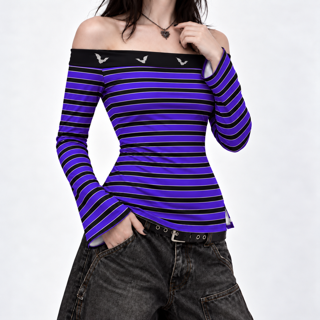 Women's Gothic Witchy Off Shoulder Top | Purple Sky Bat