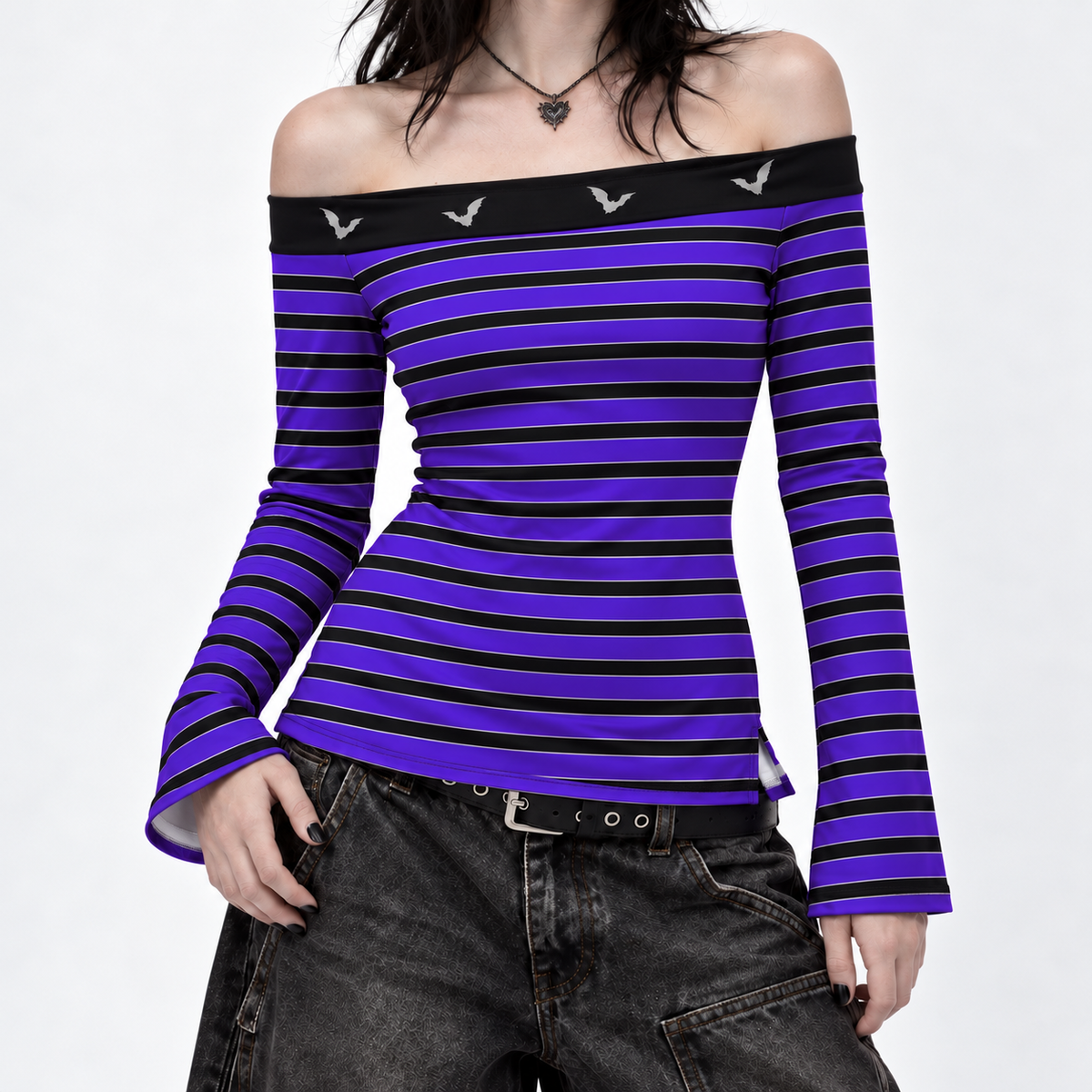 Women's Gothic Witchy Off Shoulder Top | Purple Sky Bat