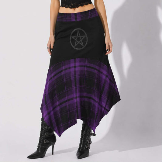 Witchcore Gothic Asymmetric Skirt – Purple Plaid & Pentagram | Alternative Gothic Midi Skirt | Dark Academia | 180 GSM