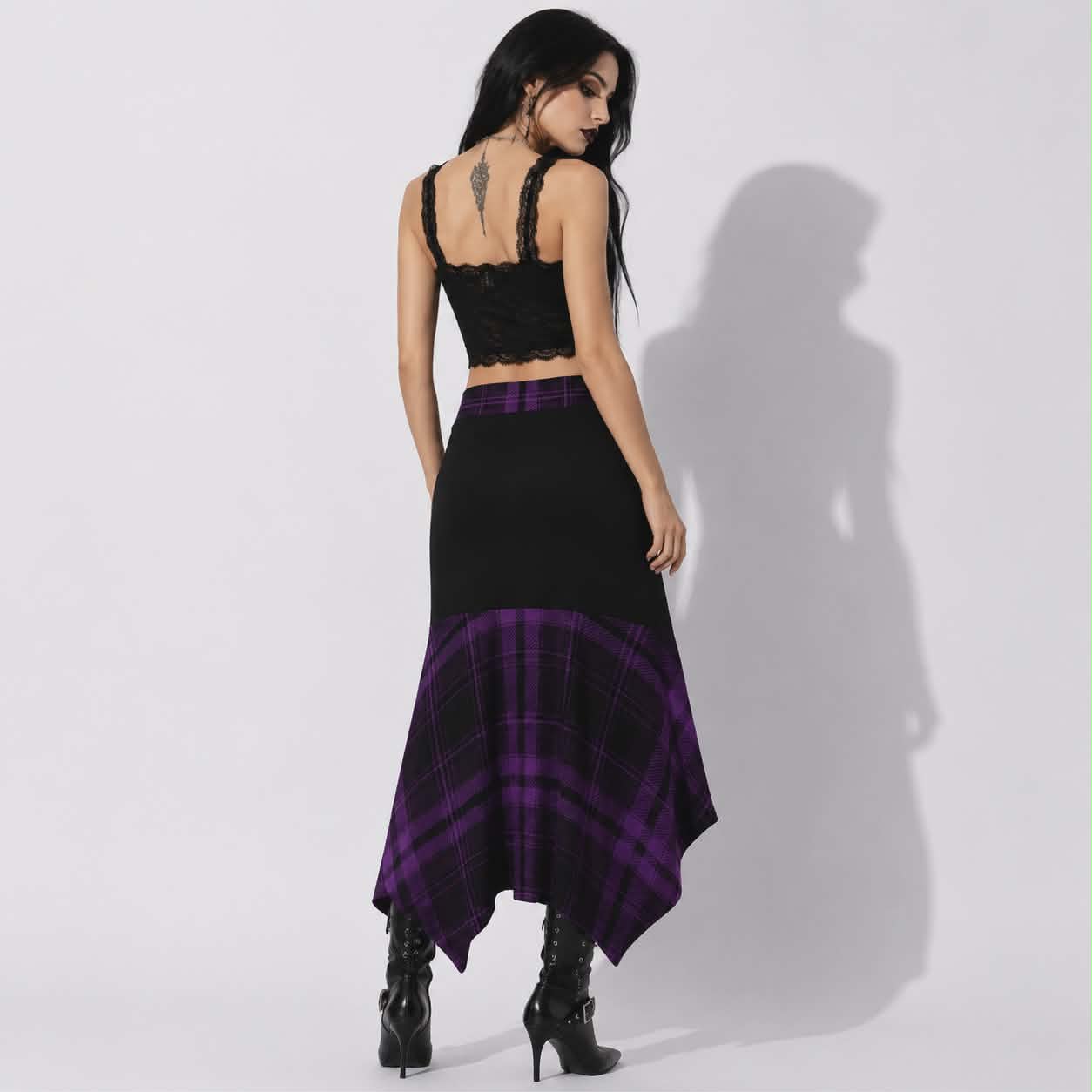 Witchcore Gothic Asymmetric Skirt – Purple Plaid & Pentagram | Alternative Gothic Midi Skirt | Dark Academia | 180 GSM
