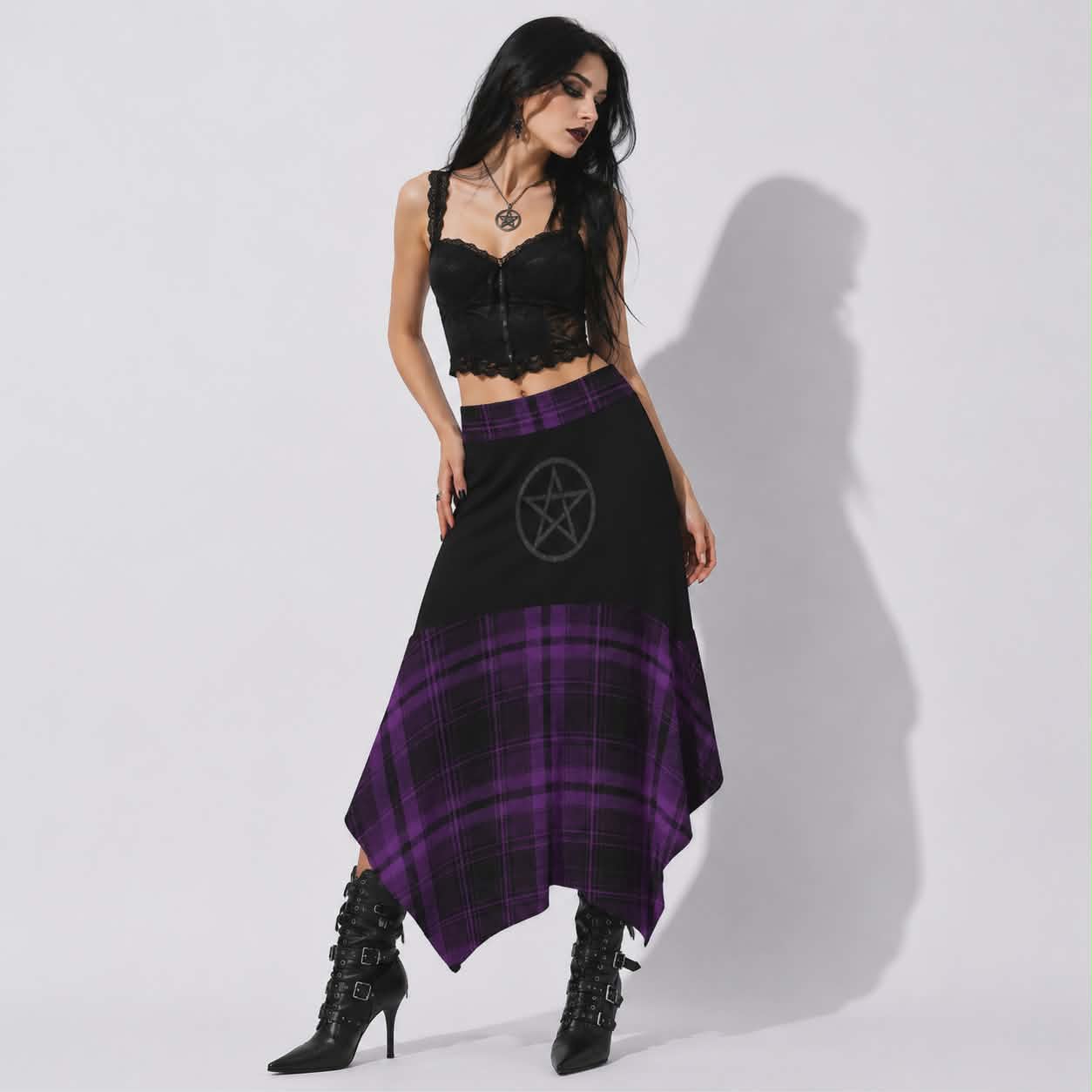 Witchcore Gothic Asymmetric Skirt – Purple Plaid & Pentagram | Alternative Gothic Midi Skirt | Dark Academia | 180 GSM