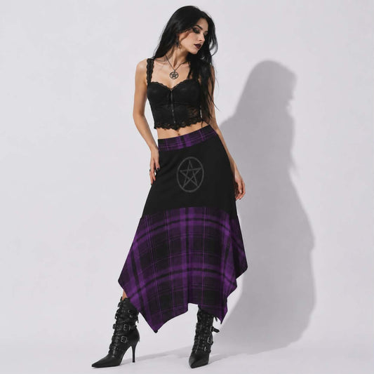 Witchcore Gothic Asymmetric Skirt – Purple Plaid & Pentagram | Alternative Gothic Midi Skirt | Dark Academia | 180 GSM