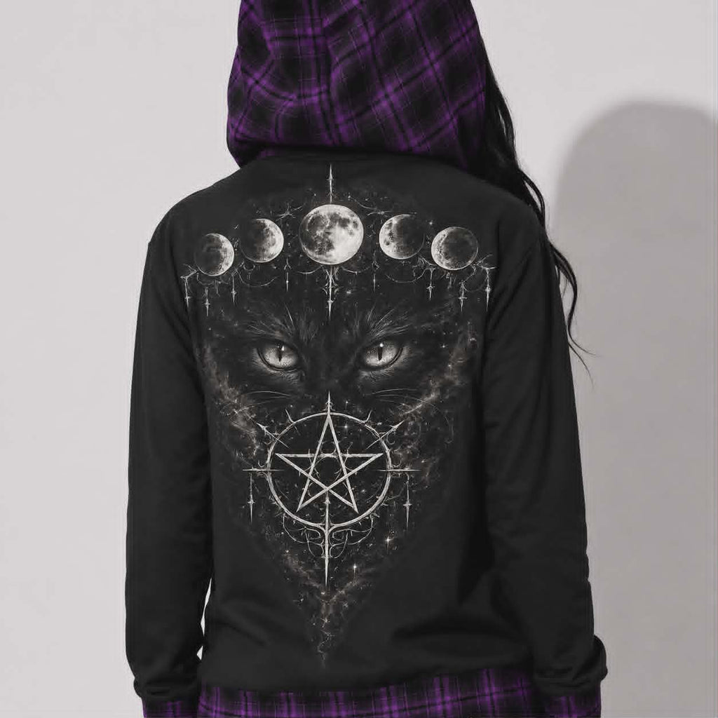 Gothic Witchcore Cat Hoodie with Moon Phases | Lunar Cat Coven Hoodie