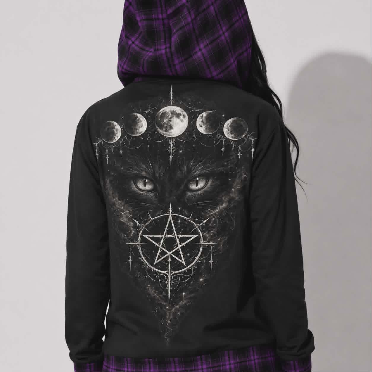 Gothic Witchcore Cat Hoodie with Moon Phases | Lunar Cat Coven Hoodie