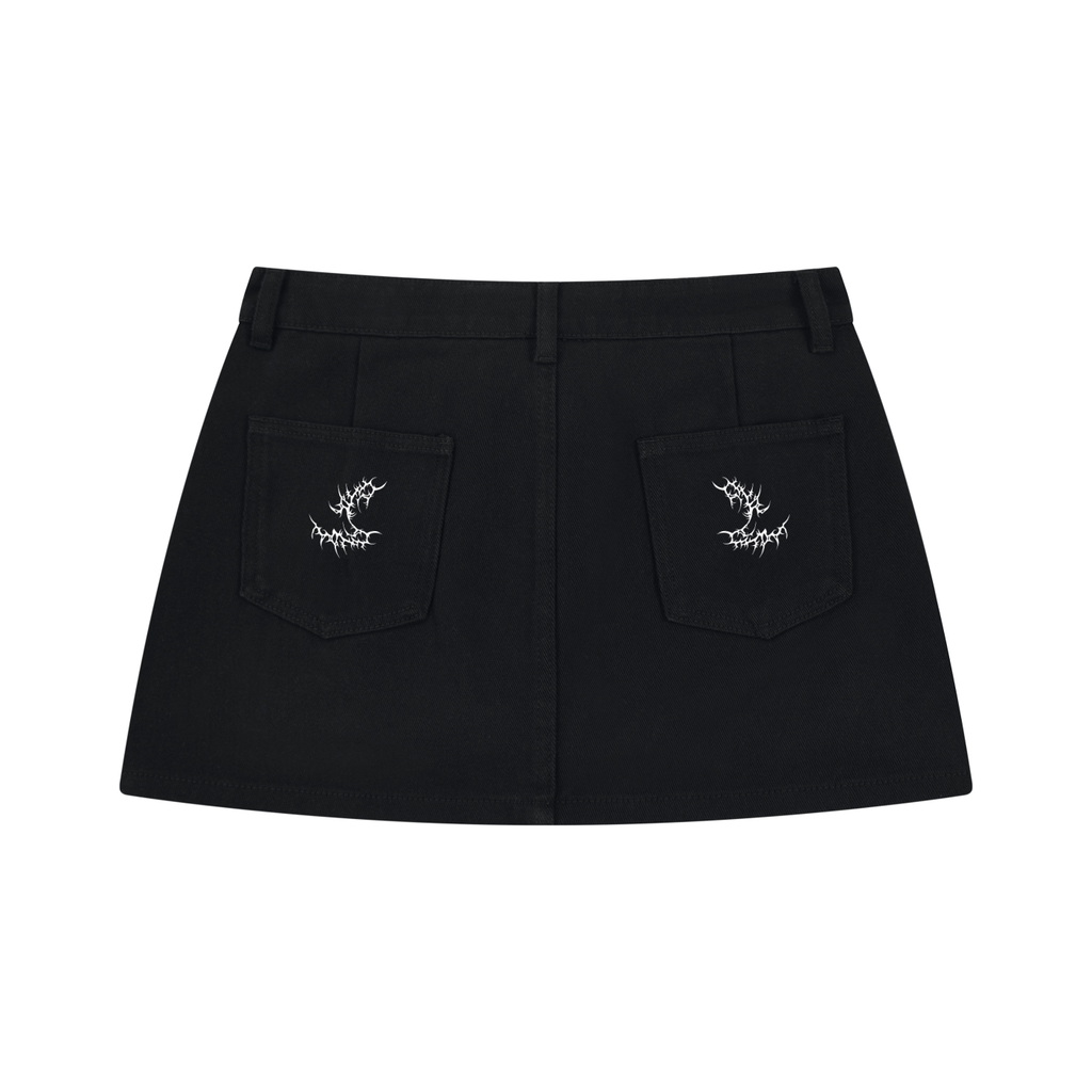 Black Gothic Punk Denim Mini Skirt with Skull Prints | Skull Rebellion – 390 GSM