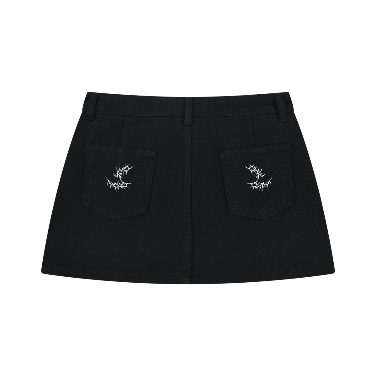 Black Gothic Punk Denim Mini Skirt with Skull Prints | Skull Rebellion – 390 GSM