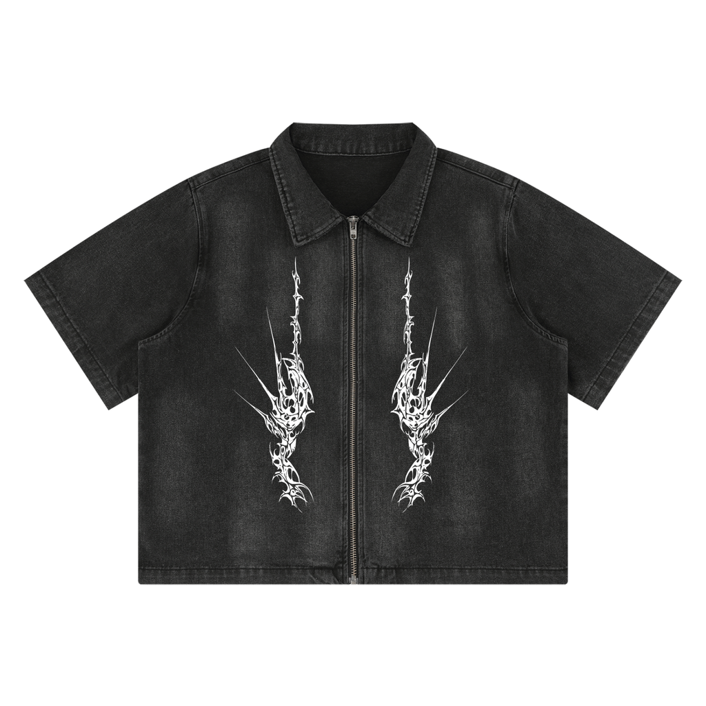Men's Gothic Grunge Denim Zip Shirt | NIGHTCRAWLER – Washed Black 285 GSM