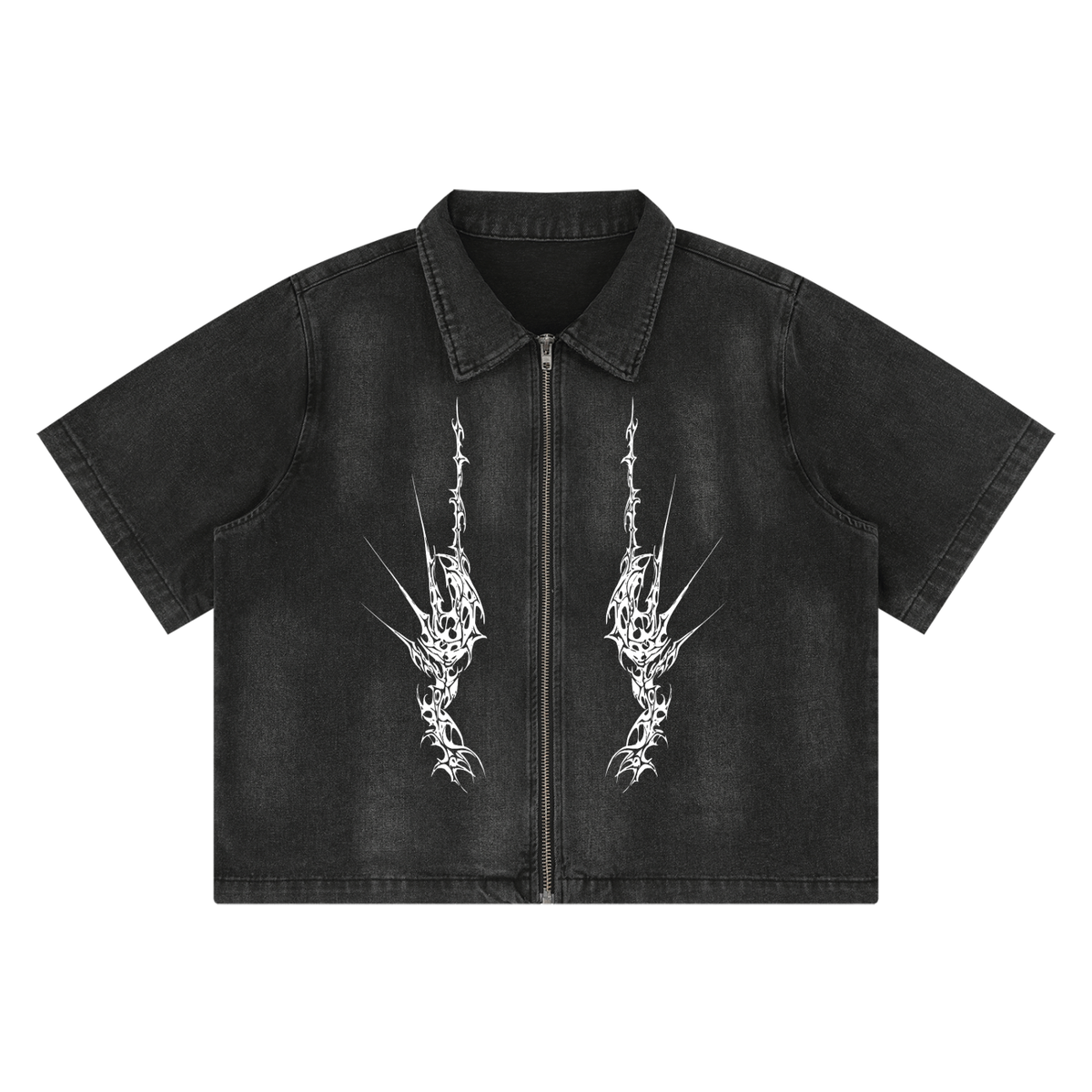 Men's Gothic Grunge Denim Zip Shirt | NIGHTCRAWLER – Washed Black 285 GSM