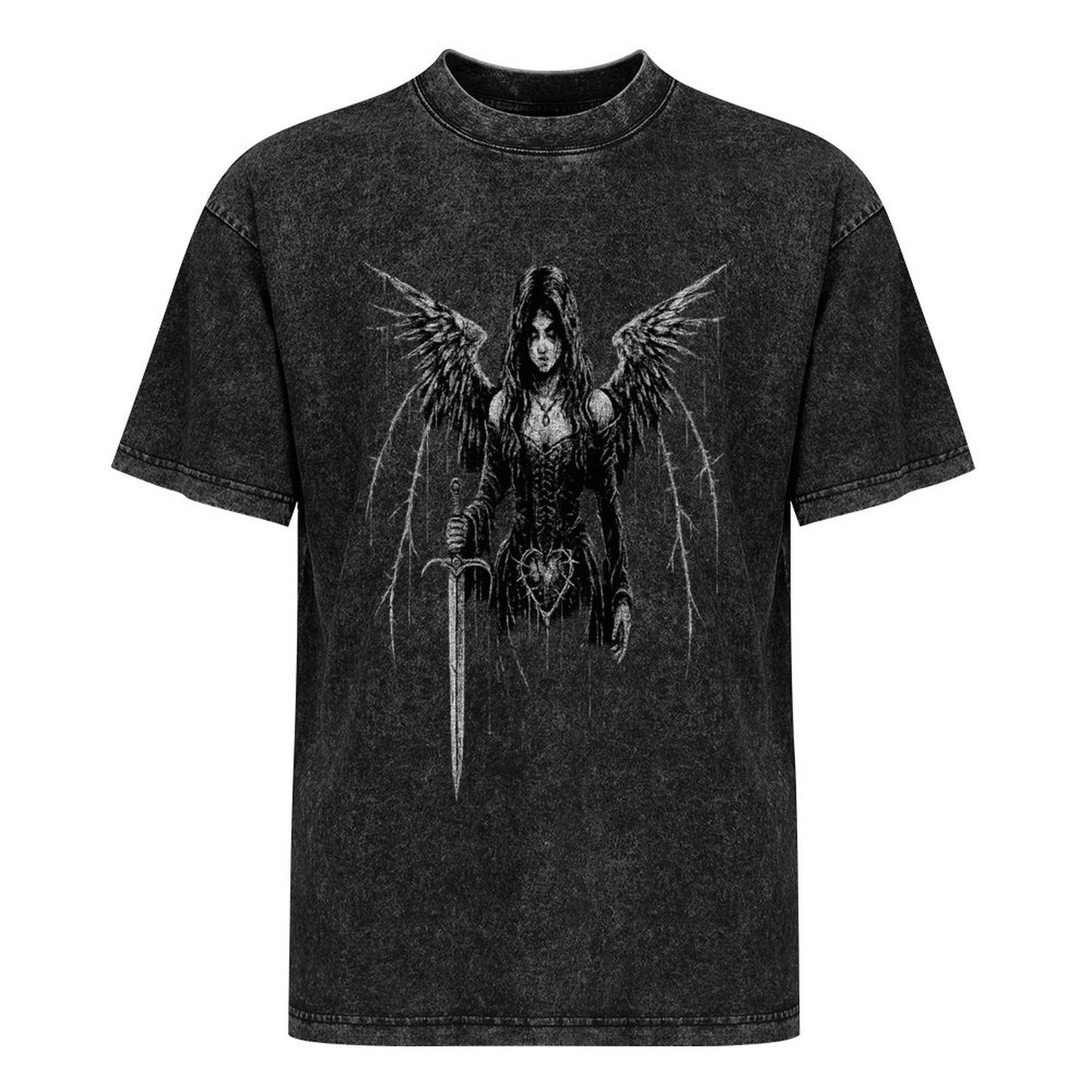 Gothic Oversize Vintage Washed T-Shirt | Dark Fallen Angel | Y2K Goth Washed Tee 190 GSM
