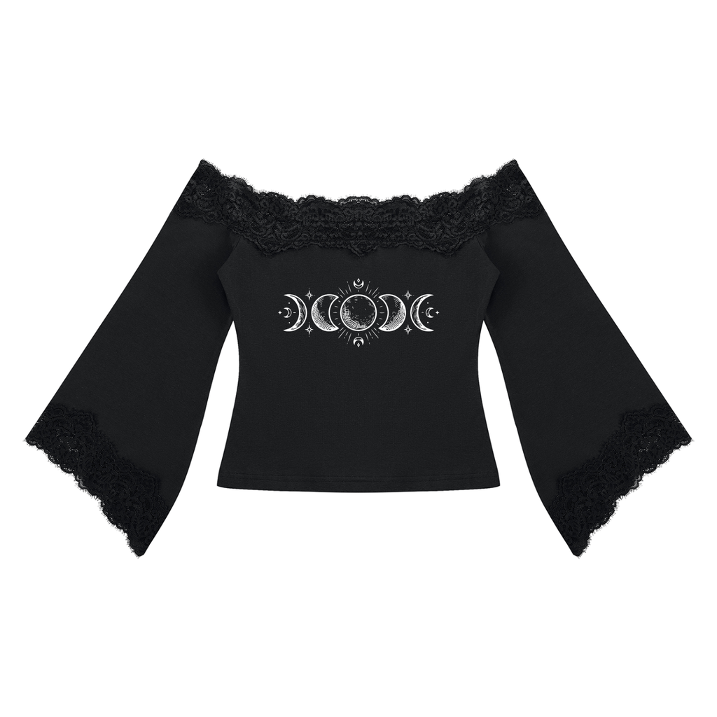 Romantic Gothic Lace Off-Shoulder Top with Bell Sleeves | Lunar Veil – Black Rose