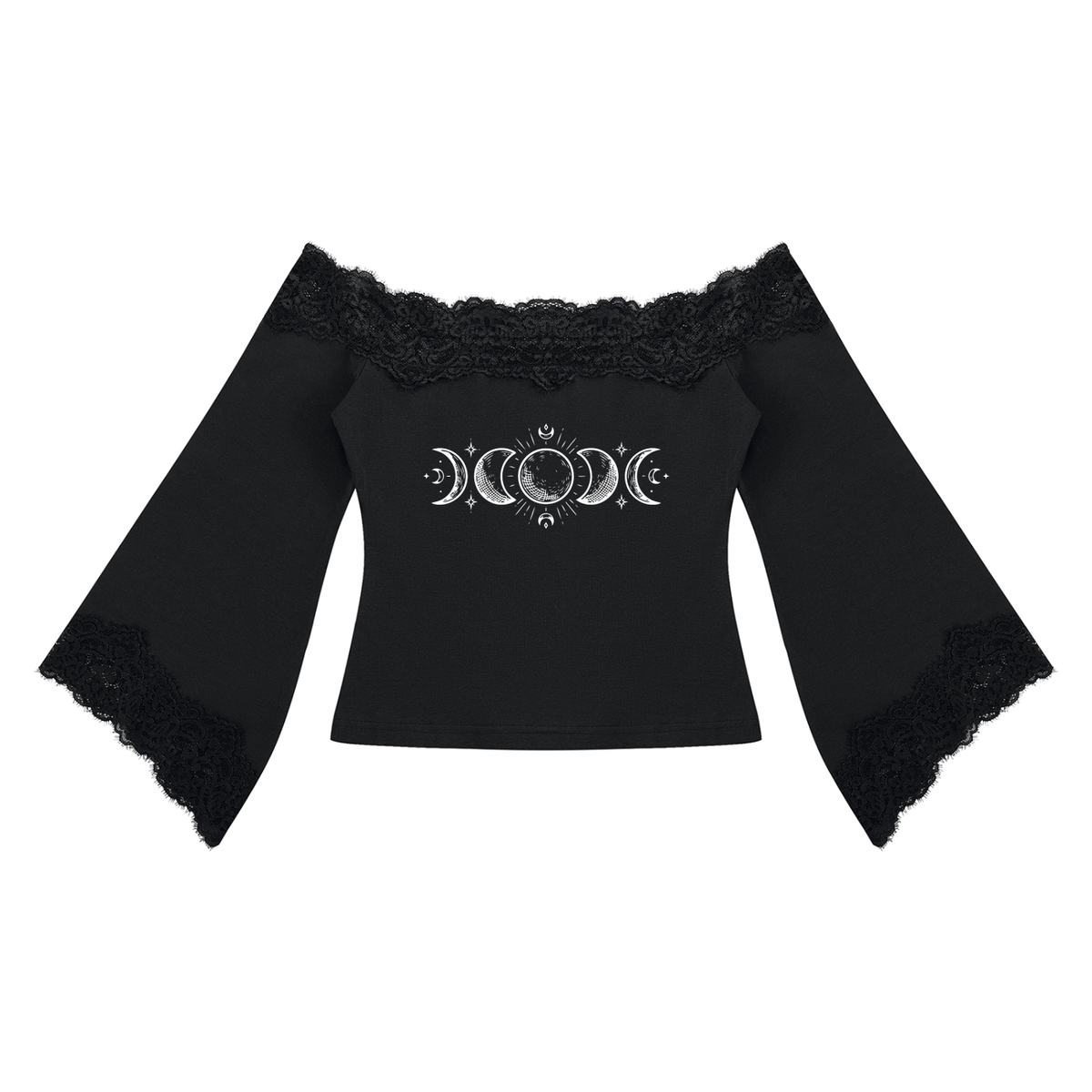 Romantic Gothic Lace Off-Shoulder Top with Bell Sleeves | Lunar Veil – Black Rose