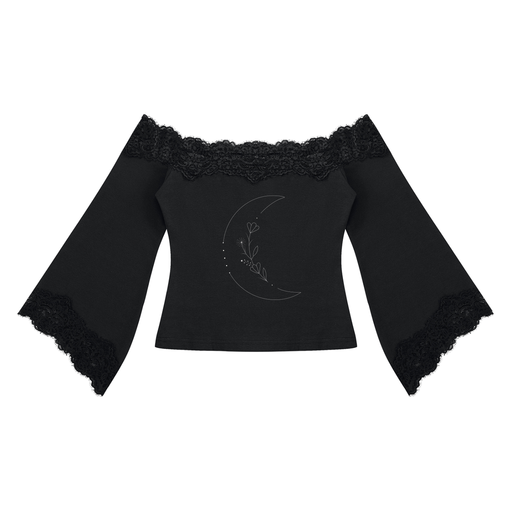 Romantic Gothic Lace Off-Shoulder Top with Bell Sleeves | Lunar Veil – Black Rose