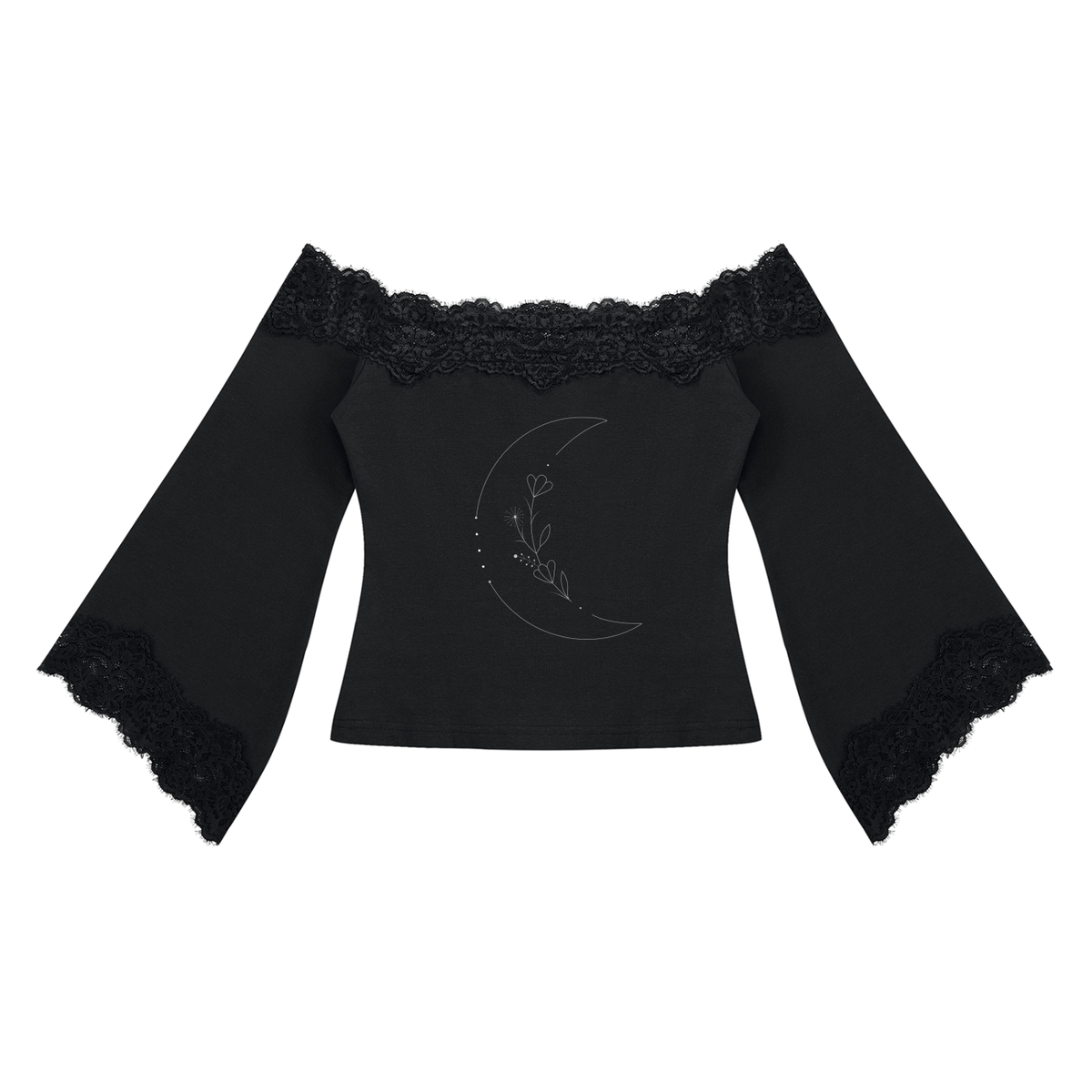 Romantic Gothic Lace Off-Shoulder Top with Bell Sleeves | Lunar Veil – Black Rose