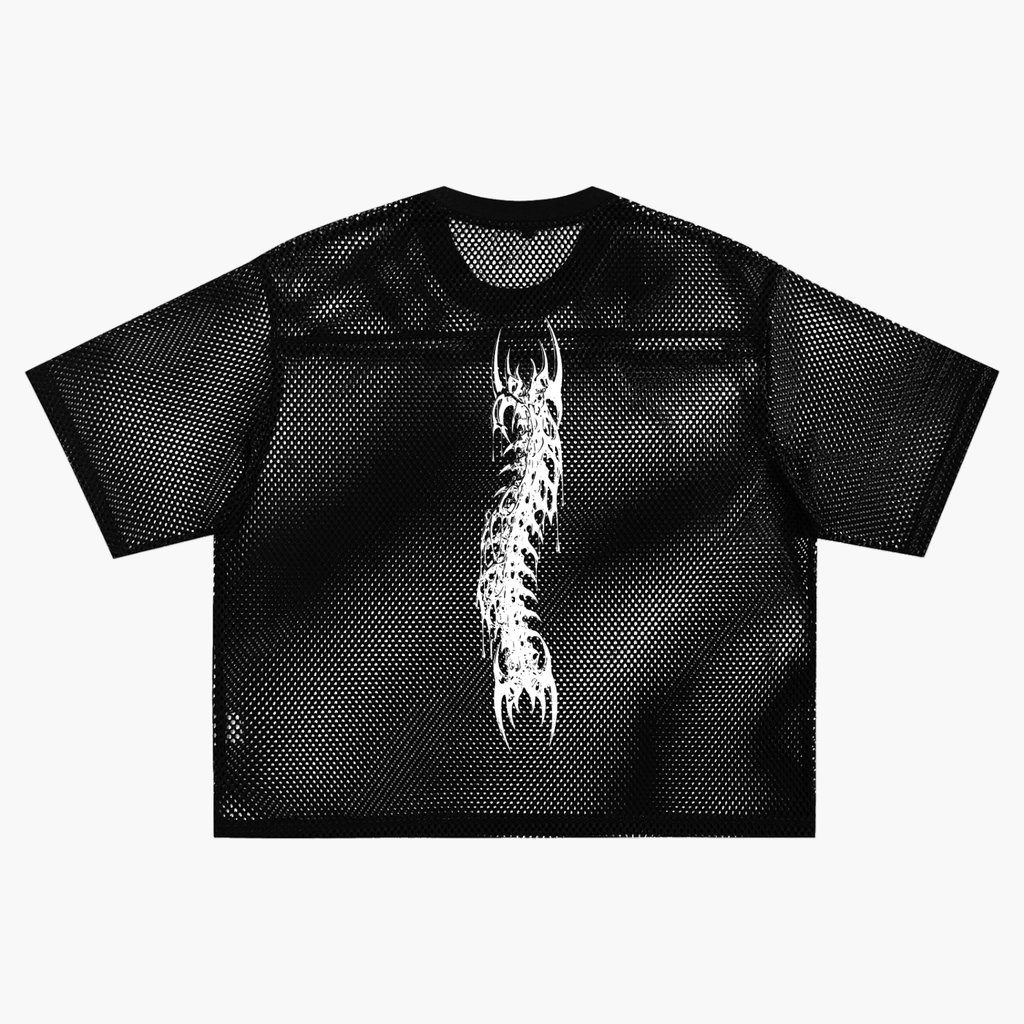 Oversized Gothic Mesh T-Shirt | Demoncore Black – 260 GSM